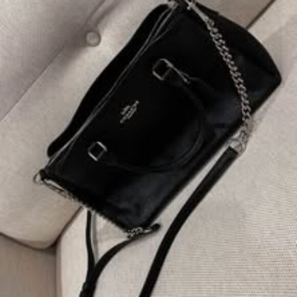 COACH Black Leather Carryall Purse with Long Strap Black Silver - Picture 4 of 5